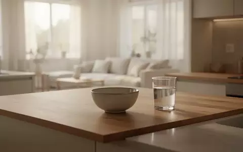 Eine minimalistische, helle Küche mit einer Keramikschale auf einer Holzarbeitsplatte bei natürlichem Tageslicht. - Foto: über boerse-global.de