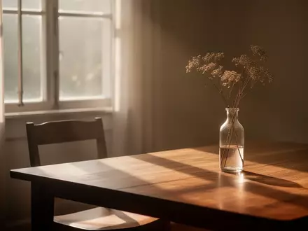 Ein ruhiger, sonnendurchfluteter Raum mit einem leeren Stuhl und einer Blumenvase, der eine Atmosphäre der Achtsamkeit vermittelt. - Foto: über boerse-global.de