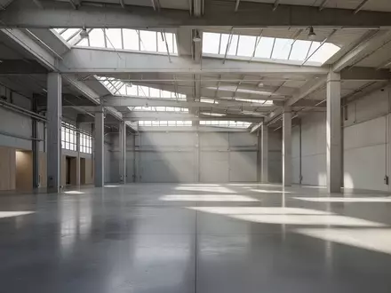 Innenansicht einer modernen, geräumigen Industriehalle mit poliertem Betonboden und hellem Tageslichteinfall. - Foto: über boerse-global.de