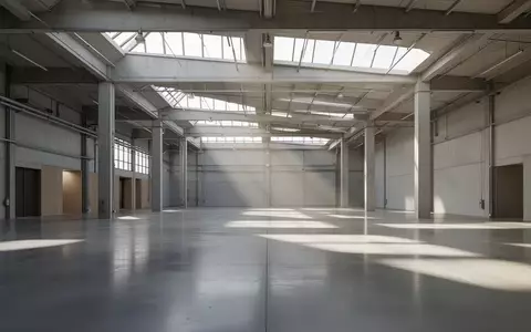 Innenansicht einer modernen, geräumigen Industriehalle mit poliertem Betonboden und hellem Tageslichteinfall. - Foto: über boerse-global.de