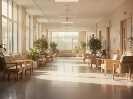 Ein heller, freundlich gestalteter Krankenhausflur mit warmem Tageslicht, Holzmöbeln und Pflanzen, der eine beruhigende Atmosphäre ausstrahlt. - Foto: über boerse-global.de