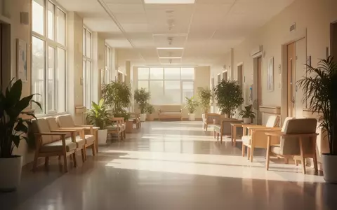 Ein heller, freundlich gestalteter Krankenhausflur mit warmem Tageslicht, Holzmöbeln und Pflanzen, der eine beruhigende Atmosphäre ausstrahlt. - Foto: über boerse-global.de