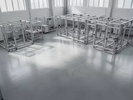 Ein minimalistisches, modernes Industrielabor mit polierten Betonböden und modularen Metallrahmen im Hintergrund. - Foto: über boerse-global.de
