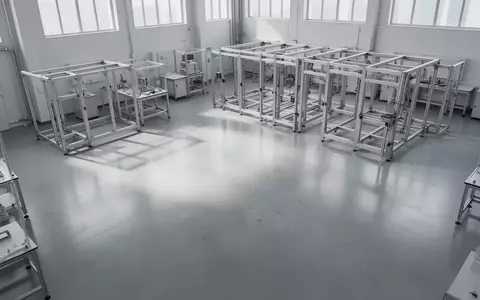Ein minimalistisches, modernes Industrielabor mit polierten Betonböden und modularen Metallrahmen im Hintergrund. - Foto: über boerse-global.de