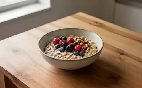 Eine Schale mit Haferflocken und Beeren auf einem Holztisch in natürlichem Morgenlicht. - Foto: über boerse-global.de