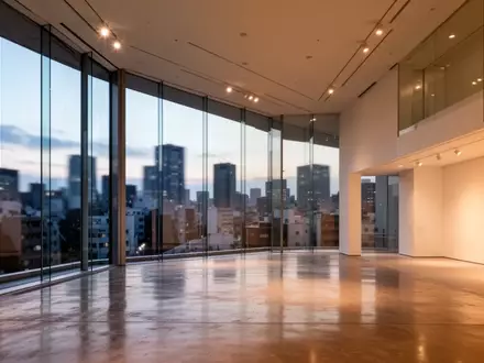 Innenansicht des Sunrise Buildings in Tokio mit minimalistischer Architektur und Blick auf die Skyline bei Dämmerung. - Foto: über boerse-global.de