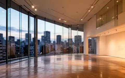 Innenansicht des Sunrise Buildings in Tokio mit minimalistischer Architektur und Blick auf die Skyline bei Dämmerung. - Foto: über boerse-global.de