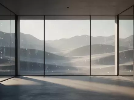 Ein minimalistischer, moderner Raum mit großen Glasfenstern, die auf eine abstrakte digitale Landschaft blicken. - Foto: über boerse-global.de