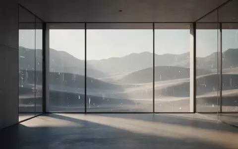 Ein minimalistischer, moderner Raum mit großen Glasfenstern, die auf eine abstrakte digitale Landschaft blicken. - Foto: über boerse-global.de
