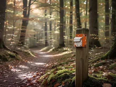 Ein hölzerner Pfosten mit einer orange-weißen Markierung an einem Waldweg in einem herbstlichen Waldgebiet. - Foto: über boerse-global.de