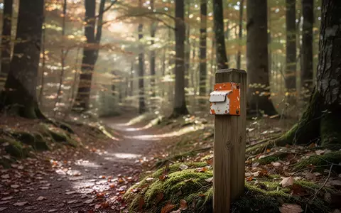 Ein hölzerner Pfosten mit einer orange-weißen Markierung an einem Waldweg in einem herbstlichen Waldgebiet. - Foto: über boerse-global.de