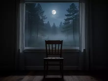 Ein einsamer Stuhl vor einem Fenster mit Blick auf einen nebligen Wald bei Nacht, der eine Atmosphäre der Introspektion schafft. - Foto: über boerse-global.de