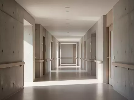 Ein minimalistischer, lichtdurchfluteter Flur in einer modernen Pflegeeinrichtung mit klaren Linien und neutralen Farben. - Foto: über boerse-global.de