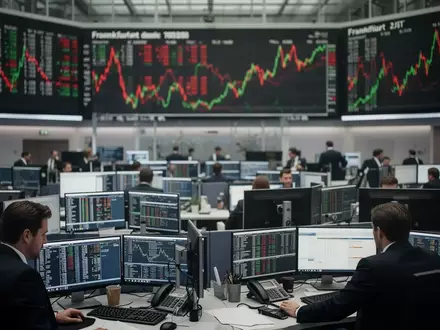 Geschäftiges Treiben an der Frankfurter Börse mit unscharfen Kursanzeigen im Hintergrund. - Foto: über boerse-global.de
