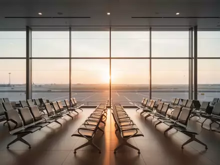 Leere, lichtdurchflutete Abflughalle eines Flughafens mit Blick auf das Rollfeld bei Sonnenaufgang. - Foto: über boerse-global.de