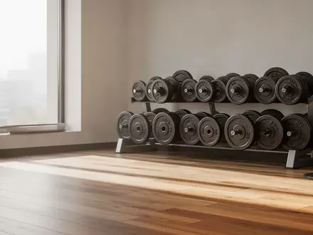 Ein minimalistischer, heller Fitnessraum mit Holzboden und Sonnenlicht, das auf ordentlich gestapelte Hantelscheiben fällt. - Foto: über boerse-global.de