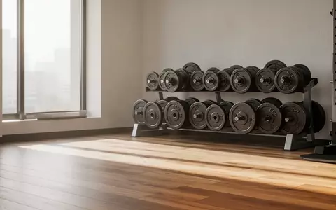 Ein minimalistischer, heller Fitnessraum mit Holzboden und Sonnenlicht, das auf ordentlich gestapelte Hantelscheiben fällt. - Foto: über boerse-global.de