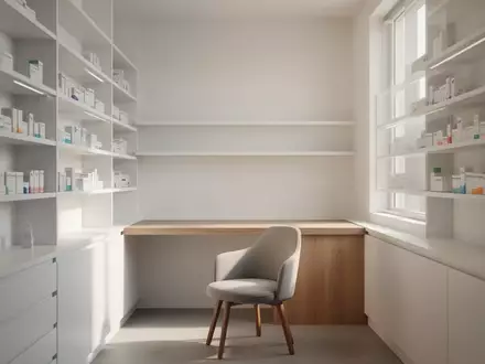 Ein minimalistisch gestalteter Beratungsbereich in einer hellen, modernen Apotheke bei Tageslicht. - Foto: über boerse-global.de
