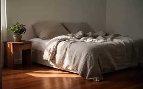 Ein minimalistisch eingerichtetes Schlafzimmer bei Morgenlicht mit einem ungemachten Bett und einer kleinen Zimmerpflanze. - Foto: über boerse-global.de