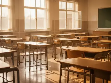 Ein sonnendurchfluteter, leerer Klassenraum mit Holztischen und Stühlen in einer ruhigen Lernumgebung. - Foto: über boerse-global.de