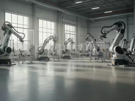 Moderne, minimalistische Fertigungshalle in einer Fabrik mit Robotik-Armen im Hintergrund bei natürlichem Lichteinfall. - Foto: über boerse-global.de