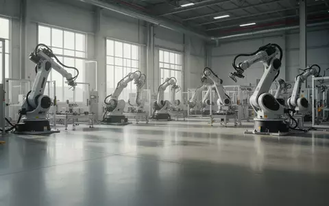 Moderne, minimalistische Fertigungshalle in einer Fabrik mit Robotik-Armen im Hintergrund bei natürlichem Lichteinfall. - Foto: über boerse-global.de