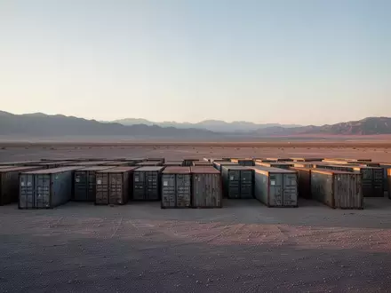 Weite, leere Industrielandschaft in einer Wüstenregion mit ordentlich aufgereihten, verwitterten Schiffscontainern bei Dämmerung. - Foto: über boerse-global.de