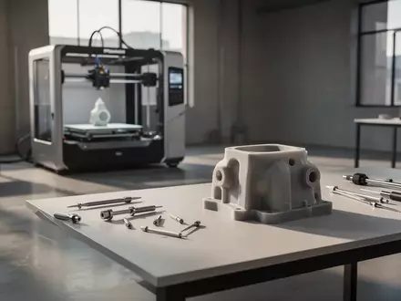 Ein minimalistischer Arbeitsbereich in einem Industriedesign-Studio mit einem 3D-Drucker und einem Prototyp-Bauteil. - Foto: über boerse-global.de