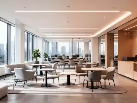 Ein minimalistisch gestalteter, leerer Gemeinschaftsbereich in einem modernen Bürogebäude mit neutraler Einrichtung. - Foto: über boerse-global.de