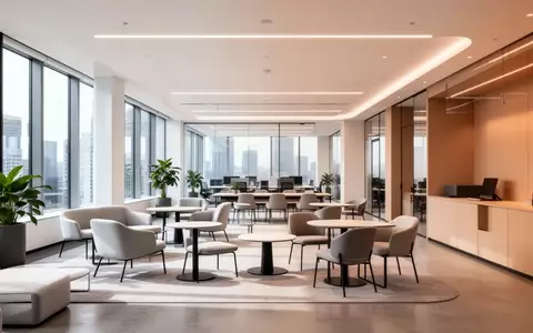 Ein minimalistisch gestalteter, leerer Gemeinschaftsbereich in einem modernen Bürogebäude mit neutraler Einrichtung. - Foto: über boerse-global.de