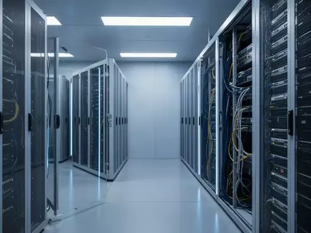 Ein minimalistischer, modern gestalteter Serverraum mit kühler, blauer Beleuchtung und geordneten technischen Systemen. - Foto: über boerse-global.de