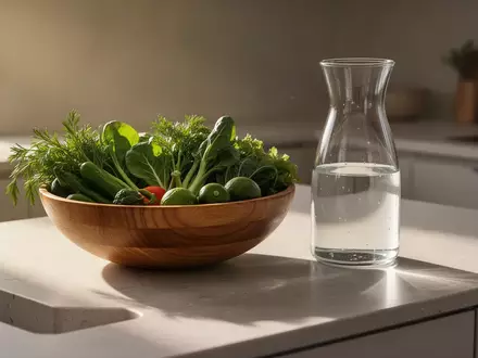Eine minimalistische Küche mit einer Holzschale voller frischem grünen Gemüse und einer Glaskaraffe mit Wasser im sanften Morgenlicht. - Foto: über boerse-global.de