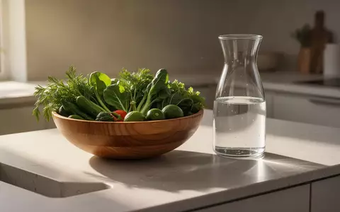 Eine minimalistische Küche mit einer Holzschale voller frischem grünen Gemüse und einer Glaskaraffe mit Wasser im sanften Morgenlicht. - Foto: über boerse-global.de