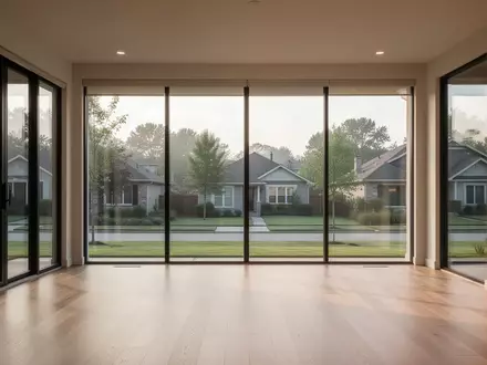 Ein helles, minimalistisch eingerichtetes Wohnzimmer mit großen Fenstern und Blick ins Grüne in einem deutschen Privathaushalt. - Foto: über boerse-global.de