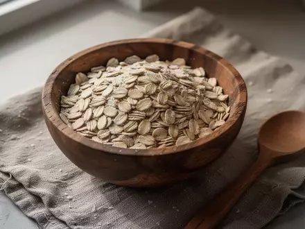 Eine rustikale Holzschale mit rohen Haferflocken auf einem Leinentuch in natürlichem Tageslicht. - Foto: über boerse-global.de