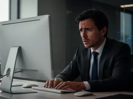 Ein besorgter Finanzanalyst an einem Schreibtisch in einem modernen Büro vor einem leeren Monitor. - Foto: über boerse-global.de
