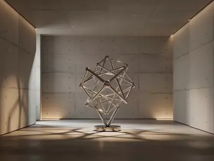 Minimalistische Architektur mit einer abstrakten, geometrischen Metallskulptur in einem hellen, ruhigen Raum. - Foto: über boerse-global.de