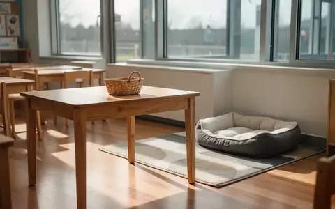 Ein heller, moderner Klassenraum mit einem leeren Hundekorb und einer Ruhezone für Tiere auf einem Teppich. - Foto: über boerse-global.de
