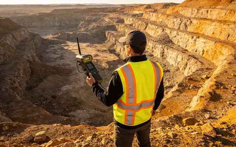 Geologe bei geophysikalischen Messungen in einer abgelegenen Felslandschaft zur Vorbereitung von Bohrungen. - Foto: über boerse-global.de