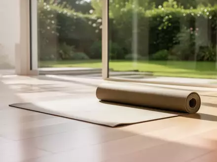 Ein heller, minimalistischer Wohnraum mit einem aufgerollten Yogamatte auf dem Holzboden in einer ruhigen, sonnendurchfluteten Umgebung. - Foto: über boerse-global.de