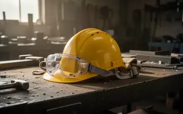 Symbolbild: Schutzhelm und Schutzbrille auf einer Werkbank - Foto: über boerse-global.de