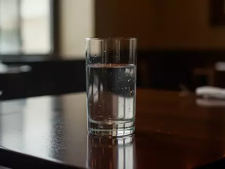 Ein leeres, klares Glas mit Wasser auf einem dunklen Holztisch in einem ruhig beleuchteten Raum. - Foto: über boerse-global.de