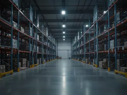 Ein modernes, ruhiges Logistiklager mit hohen Metallregalen und glänzendem Betonboden bei Dämmerlicht. - Foto: über boerse-global.de