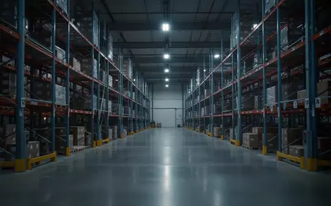 Ein modernes, ruhiges Logistiklager mit hohen Metallregalen und glänzendem Betonboden bei Dämmerlicht. - Foto: über boerse-global.de