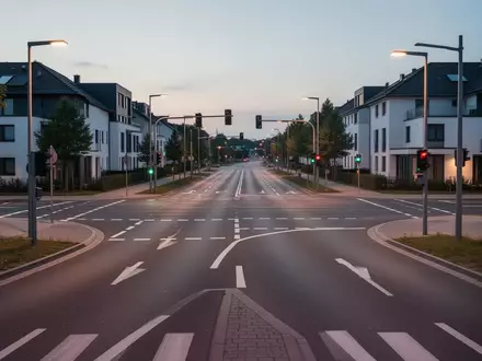 Eine leere, modern gestaltete Straßenkreuzung in einem deutschen Wohngebiet bei Dämmerung mit klarer Straßenmarkierung. - Foto: über boerse-global.de
