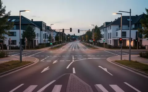 Eine leere, modern gestaltete Straßenkreuzung in einem deutschen Wohngebiet bei Dämmerung mit klarer Straßenmarkierung. - Foto: über boerse-global.de