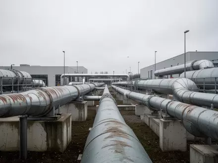 Isolierte Fernwärmerohre in einer industriellen Außenanlage unter bewölktem Himmel. - Foto: über boerse-global.de
