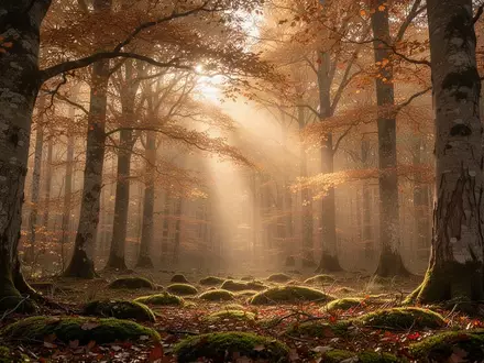 Herbstliche Waldlandschaft mit durch das Blätterdach einfallendem, diffusem Sonnenlicht. - Foto: über boerse-global.de