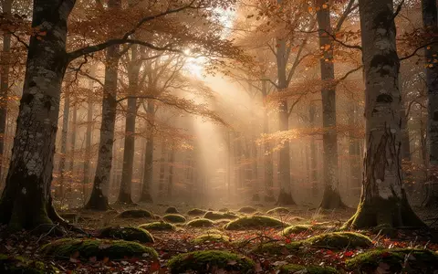 Herbstliche Waldlandschaft mit durch das Blätterdach einfallendem, diffusem Sonnenlicht. - Foto: über boerse-global.de