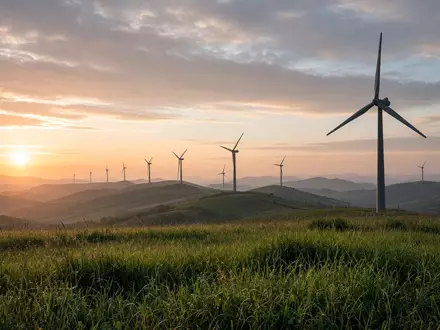 Moderne Windkraftanlagen auf einer weitläufigen grünen Wiese bei Sonnenaufgang. - Foto: über boerse-global.de